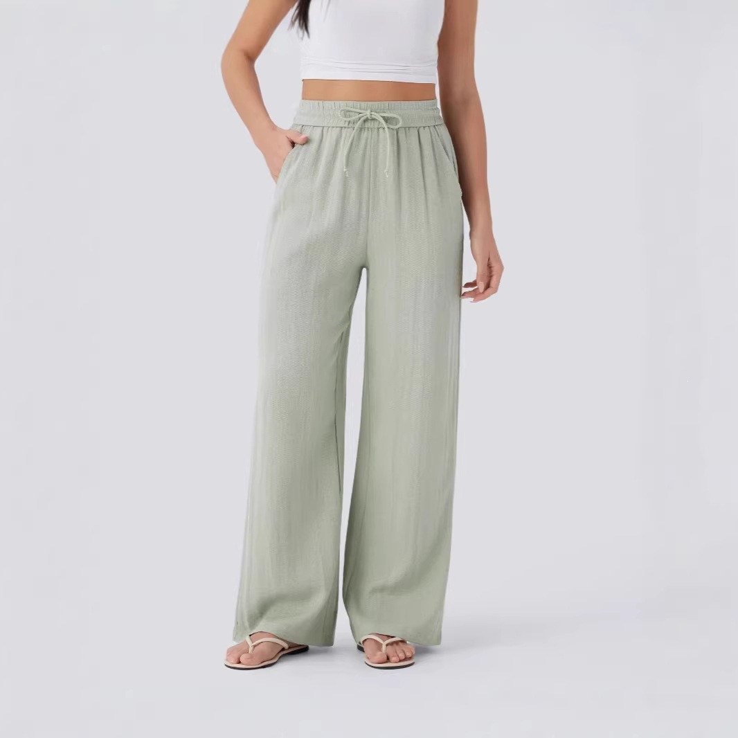 2025 Amazon High-Waisted Drawstring Side Pocket Wide-Leg Casual Linen Pants, Flowy Wide-Leg Beach Pants with Elastic Waistband