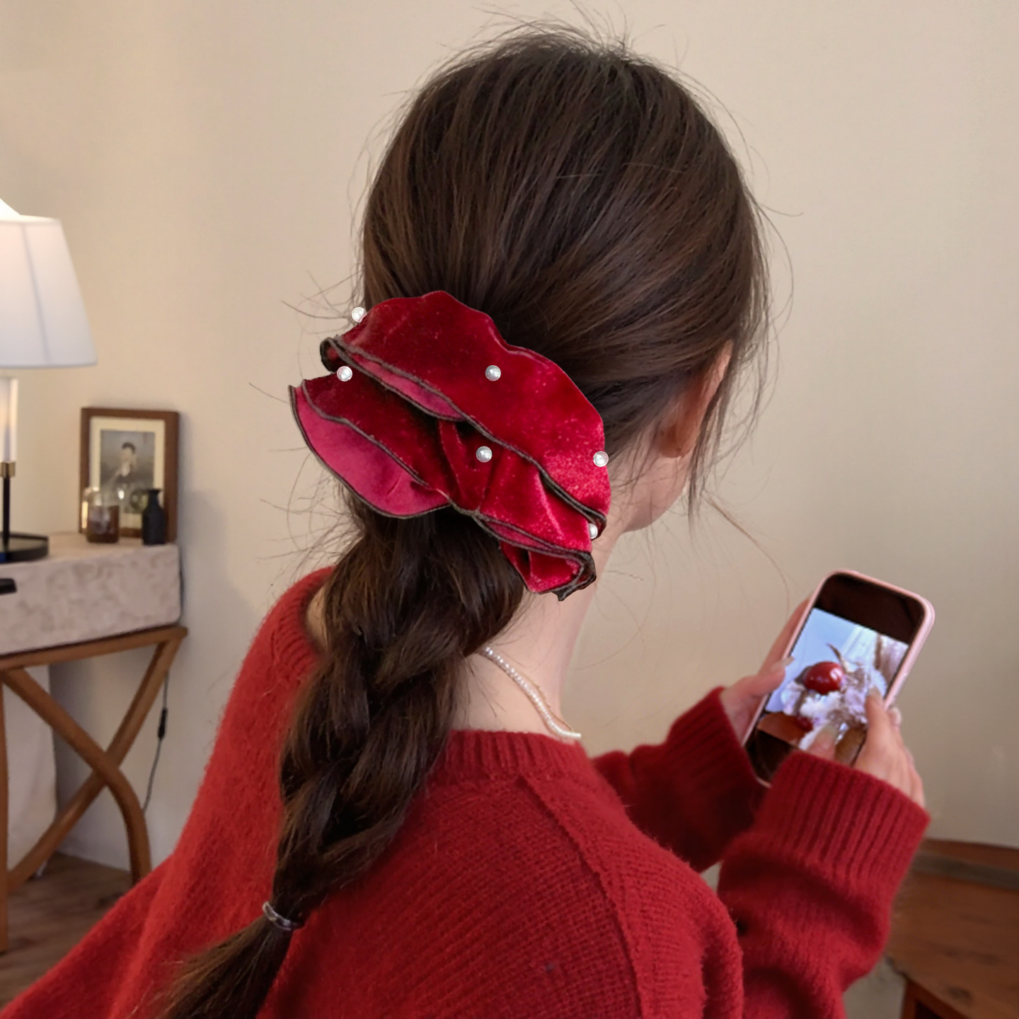 French-Style Burgundy Velvet Scrunchie for Women, New Year's High-End Sweet Pearl Hair Tie, Large Hair Accessory