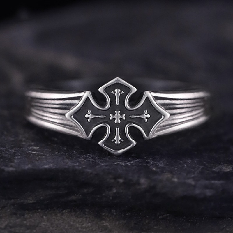 Vintage Cross Ring for Men, Trendy Personality Hip-Hop Style, Imitation Thai Silver Index Finger Ring, Fashionable Versatile Creative Open Ring