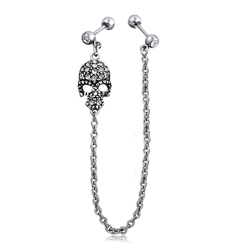 European and American fashion titanium steel puncture retro skull crystal diamond ear nail ear bone nail double hole ear chain LV00311