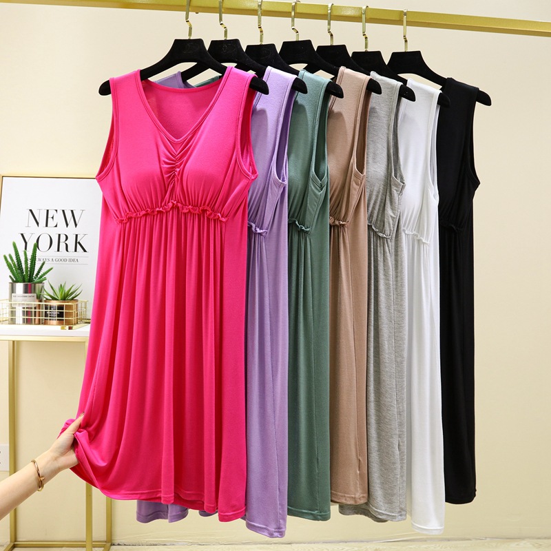 Summer Modal Dress with Chest Pad Nightdress Women's Large Size Thin Sleeveless Base Loose Sexy Vest Dress Nightdress