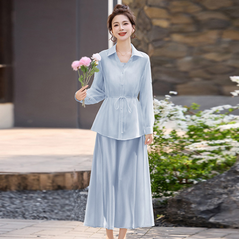 2026 Spring New Tencel Sleeveless Dress Set for Women, Fashionable and Elegant Shirt and Strap Dress Two-Piece Set