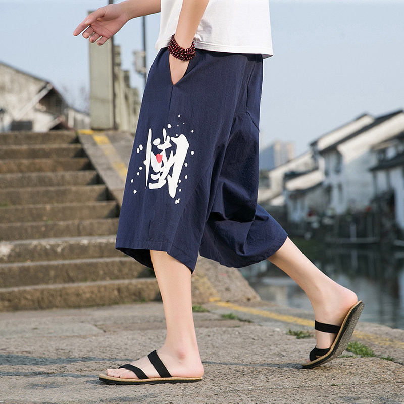 Chinese Style Printed Cropped Pants for Men, Summer Cotton and Linen Loose Fit, Large Size Casual Pants, Trendy Wide-Leg Beach Pants, Solid Color Trendy