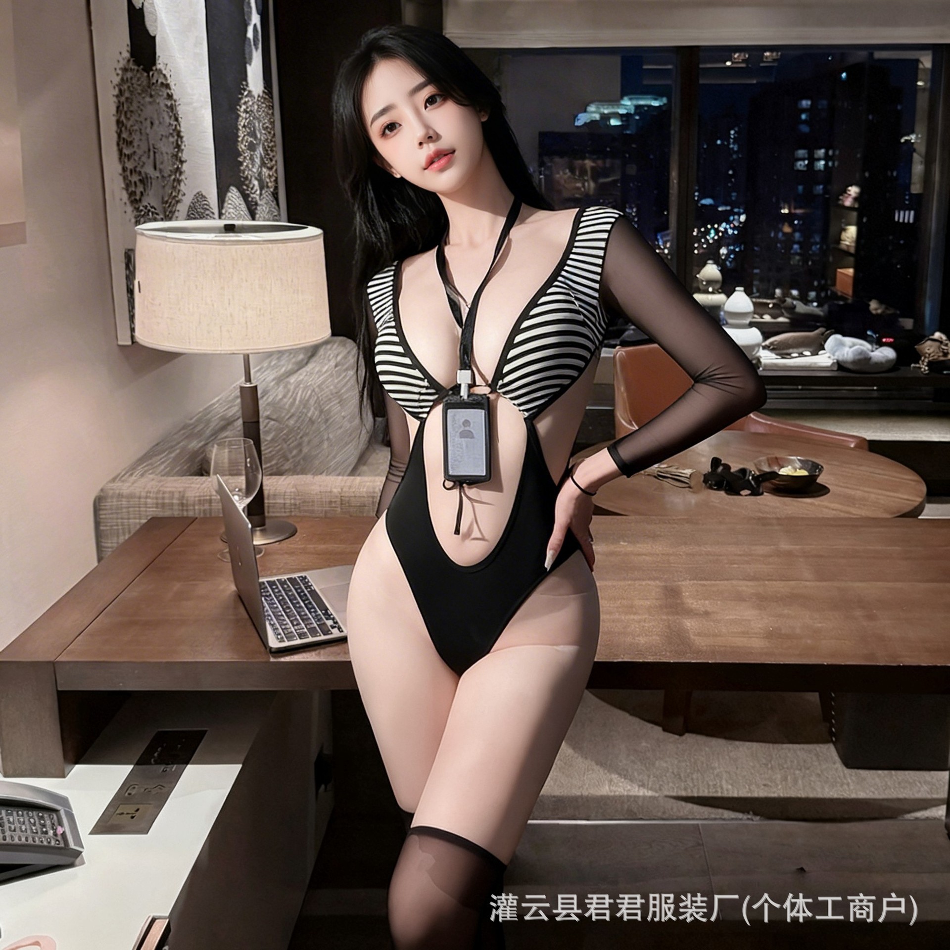 Sexy Lingerie Revealing the Navel, Tight-Fitting High-Elastic Secretary Outfit, Pure Desire Temptation, Sweet Uniform, High-Cut Striped No-Take-Off Pajamas