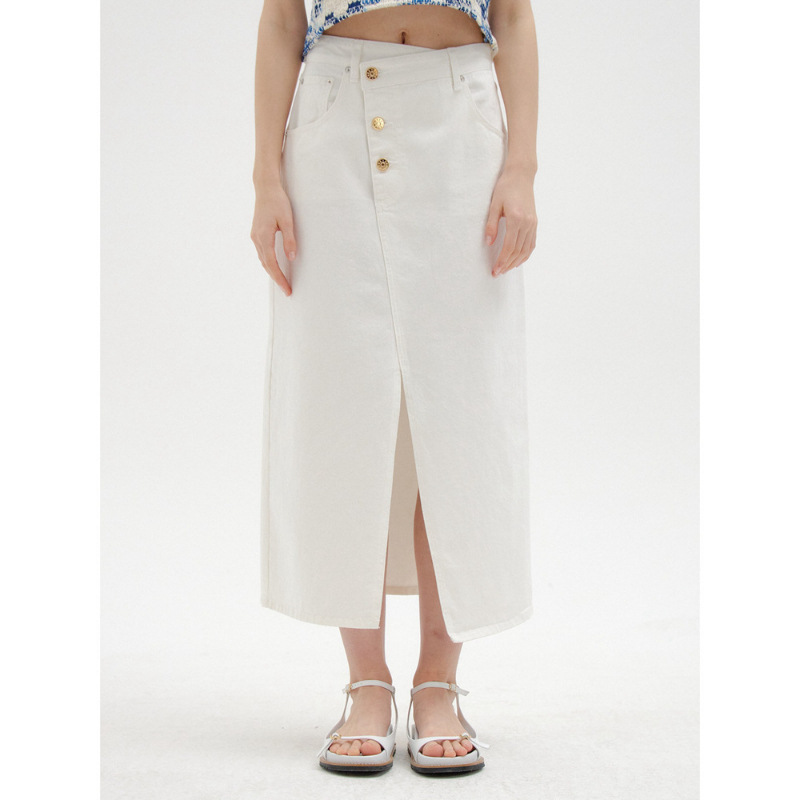 Longmei Asymmetrical Slit Denim Skirt 2025 Spring/Summer New Korean Style High Waist A-Line Midi Skirt