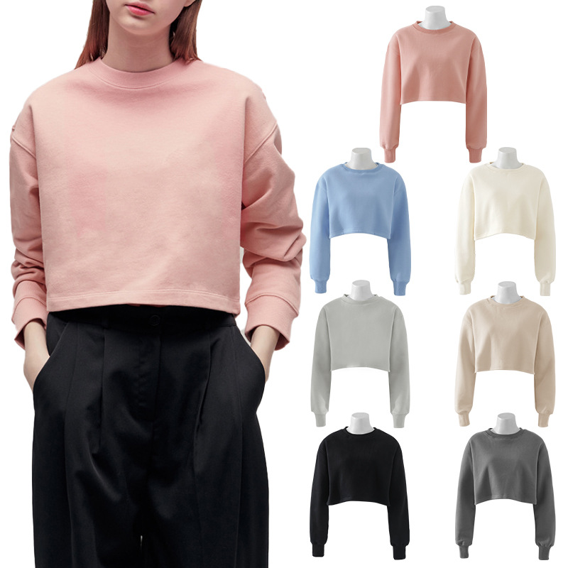 【Clearance Bargain】Factory Direct Women's Pullover Fleece-Lined Long Sleeve Crop Top Spring/Autumn Sports Short Sweatshirt