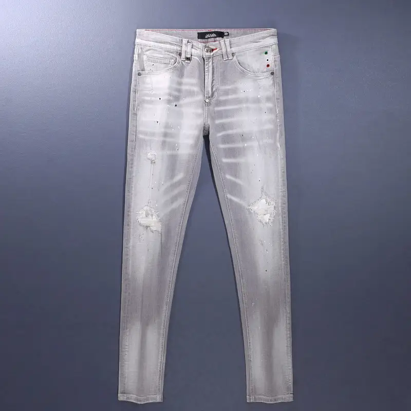 European and American Street Fashion Men's Jeans Distressed Light Gray Washed Ripped Patch Trendy Brand Slightly Elastic Slim Fit Pants