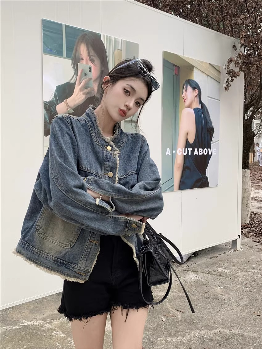 Vintage Design Sense Denim Coat Women's Spring and Autumn Short Loose Slimming Elegant Top Collar Jacket