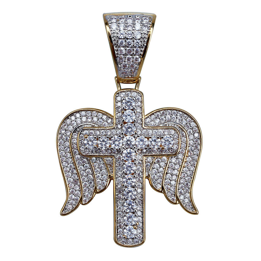 Jinao Temu Cross-border New Micro-inlaid Zircon Personalized Angel Wings Cross Pendant Hip-hop Creative Necklace