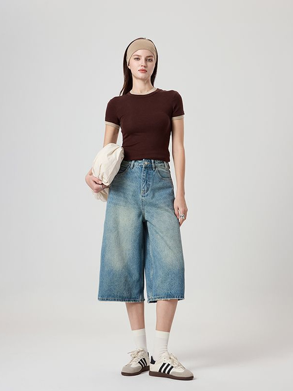 2025 Summer New Washed American High Street Retro Straight Denim Cropped Pants for Women Loose Slimming Wide Leg Pants