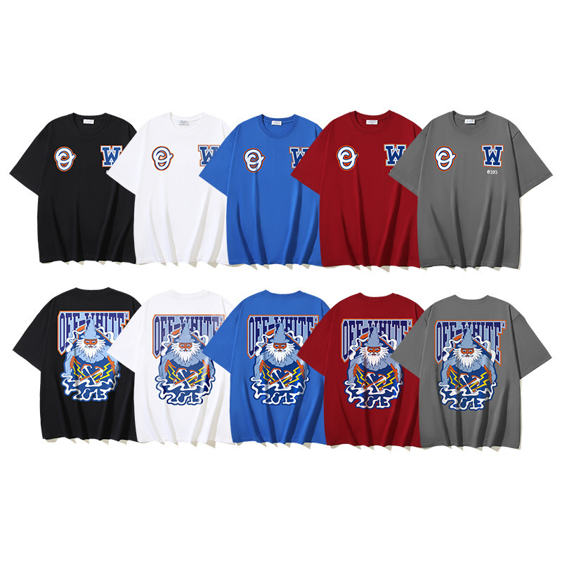 Cross-Border Foreign Trade Trendy Brand Summer New Model Off-White Pure Cotton 260g Heavyweight Cartoon Print Short-Sleeve T-Shirt Loose Fit