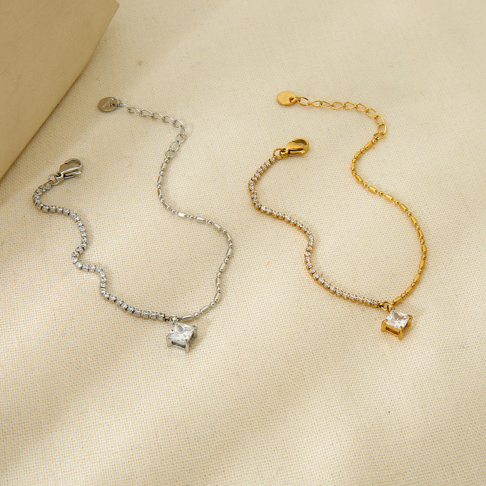 Cross-Border Geometric Zircon Pendant Tennis Chain Bead Chain Spliced Stainless Steel Bracelet Gold-Plated Jewelry High-End Accessories for Women
