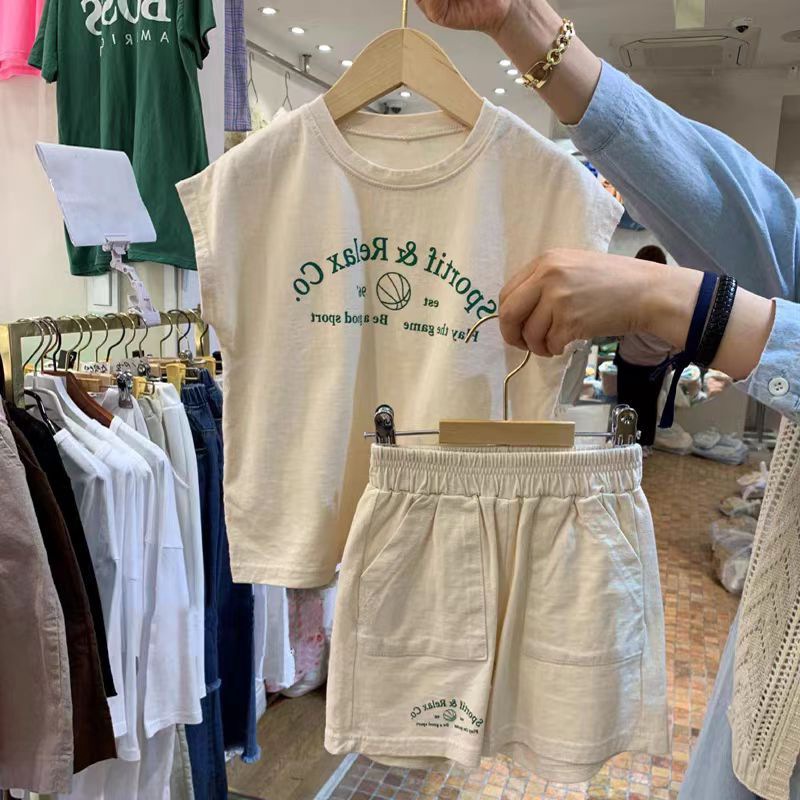 Boys and girls summer suit baby foreign style children's personality tide sports foreign trade INS letter T-shirt shorts two-piece set