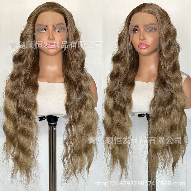 European and American New Wig Long Curly Hair Front Lace 13*4 Gradient Golden Small Wave Curly Hair Full Headgear Factory Batch