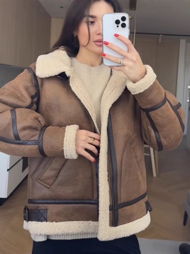 Zatrax2024 Women's Winter Thickened Biker Clothing Leather Clothes Loose Vertical Collar Fur One-piece High-end Jacket Top