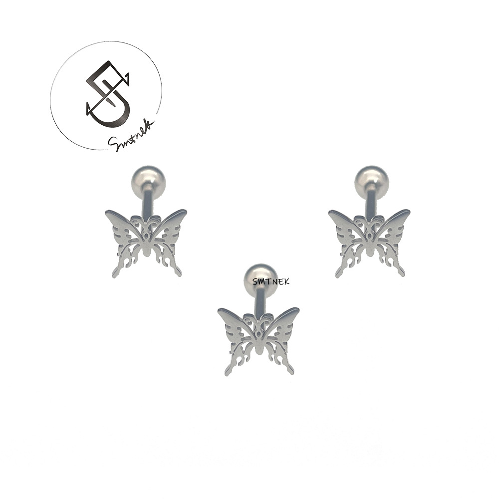 SMTNEK Titanium Steel Welded Hollow Flower Butterfly Tongue Stud Tongue Stainless Steel Piercing Jewelry