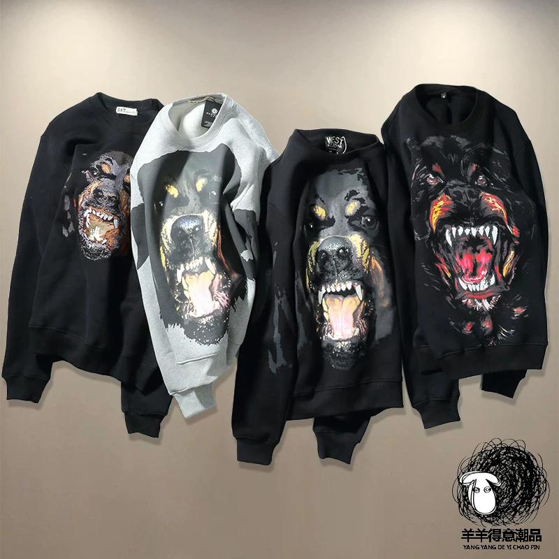 Personalized men's fashion brand street hip-hop GVC dog head plus velvet autumn and winter couple's coat pure cotton hooded sweatshirt for women
