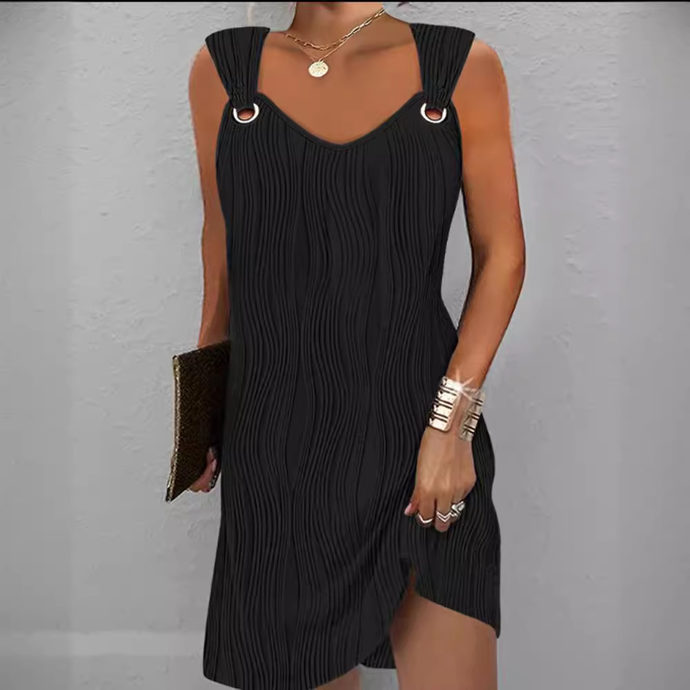 Amazon Cross-border Foreign Trade New Spring and Summer Temperament Commuter Simple Solid Color Metal Buckle V-neck Sleeveless dress