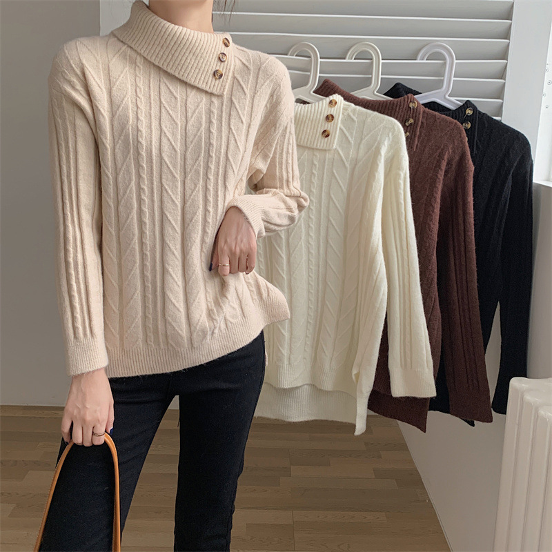 Irregular Collar Twist Thick Line Sweater Women's 2024 Autumn Elegant Top Loose Lazy Thickened Turtleneck Sweater
