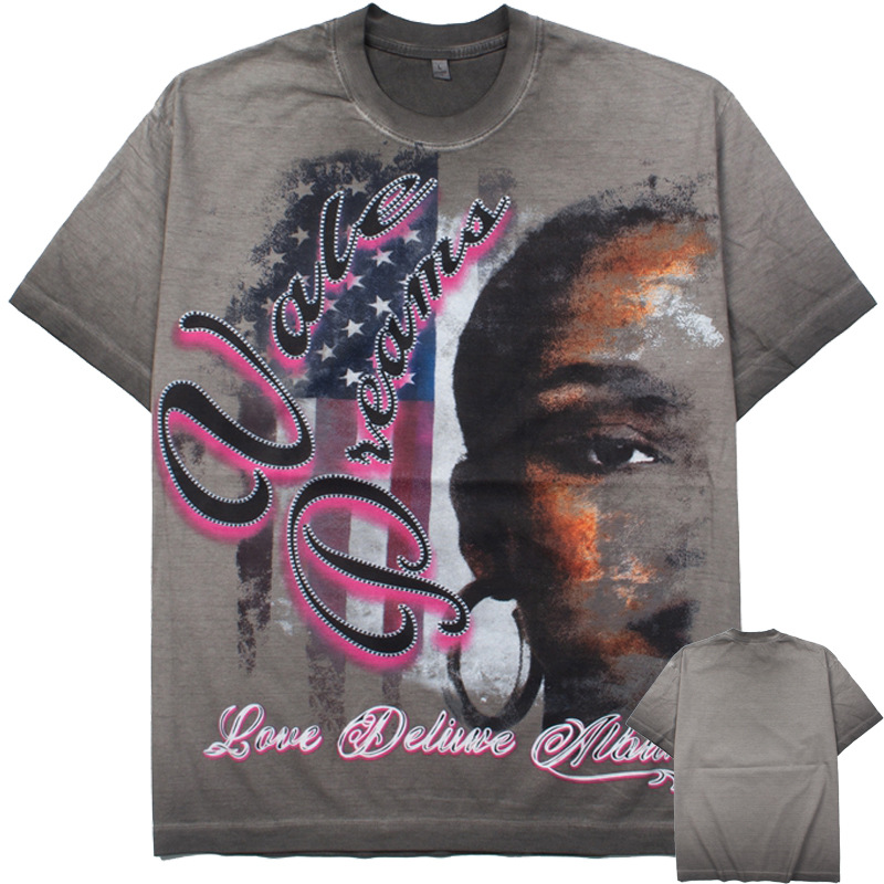 2025 Cross-Border American Street Hip-Hop Washed Distressed Trendy Rap Short-Sleeved T-Shirt High Street Trendy Summer Top
