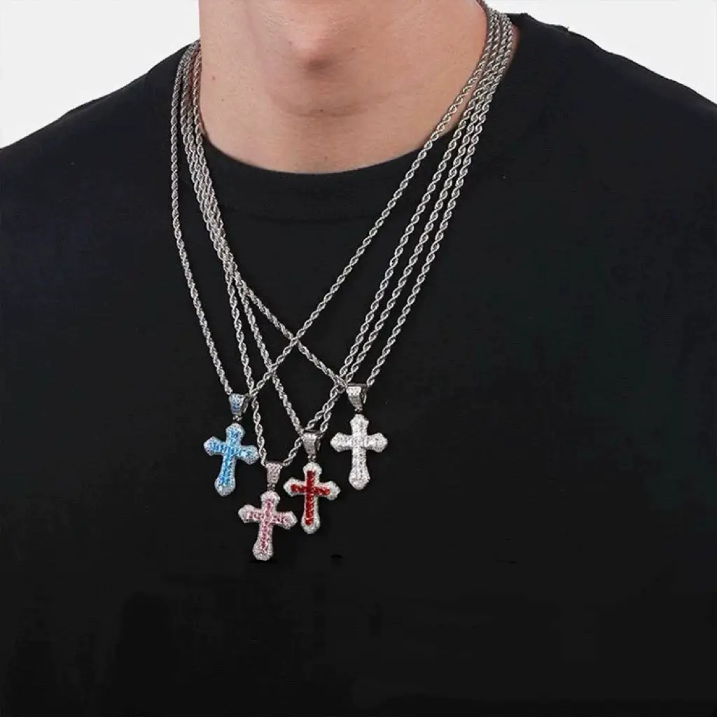 Mst Bling Hip-Hop Full Diamond Cross Red Blue Silver Couple Versatile Pendant Men and Women Accessories Trendy