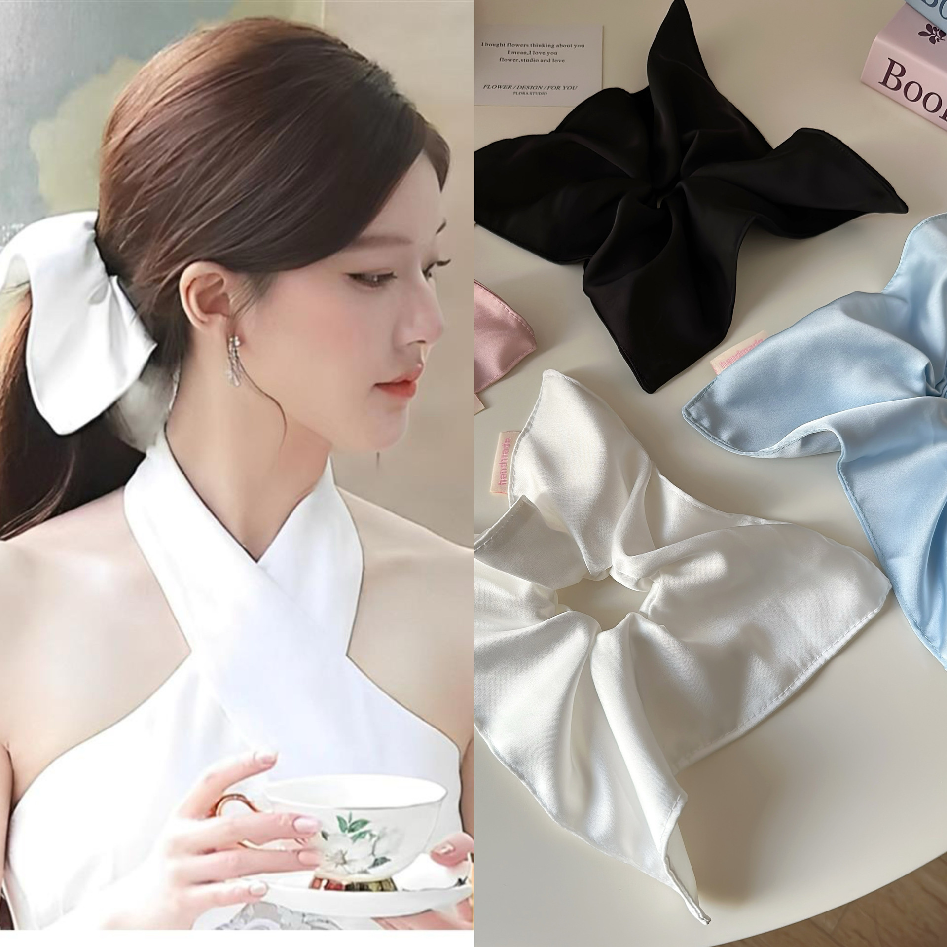 Zhao Rusi Same-style Solid Color Satin Square Scarf Hair Ring Silk Texturized Hair Rope Hair Accessories Thousand Gold Large Intestine Hair Rope