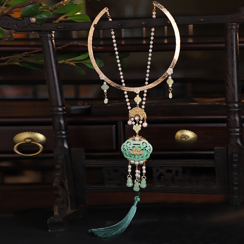 New Year Peace lock Harrow back cloud collar ancient style imitation Jade long necklace Ming Han clothing Tang style rich accessories