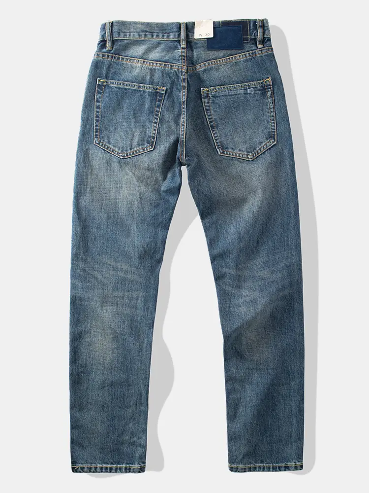 Heavy weight American Style Japanese style Retro pure cotton Denim Sand Washed Straight Casual Pants Men Loose parka Long Pants