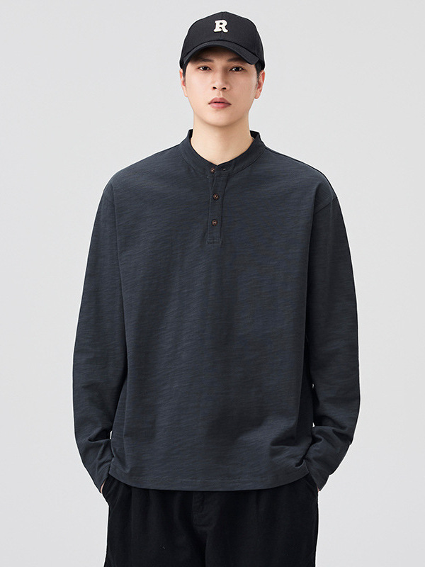 Mingge | 2025 New Autum Style Henry Collar Long-Sleeved T-Shirt for Men American Fashion Brand Loose Casual Cotton Tops for Men