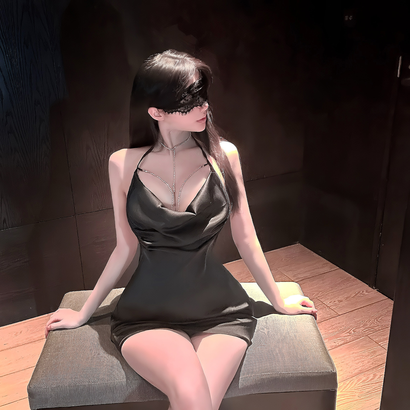 Sexy Lingerie with Halter Neck, Hot and Alluring Nightdress with Chest Chain, Backless and Open-Crotch Design, No Need to Take Off