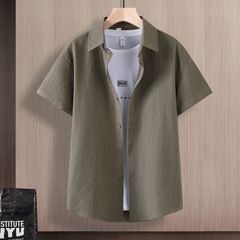Popular Summer Men's Seersucker Short-Sleeved Shirt Anti-Wrinkle No-Iron Seersucker Shirt Men's Cool Short-Sleeved Shirt for Men