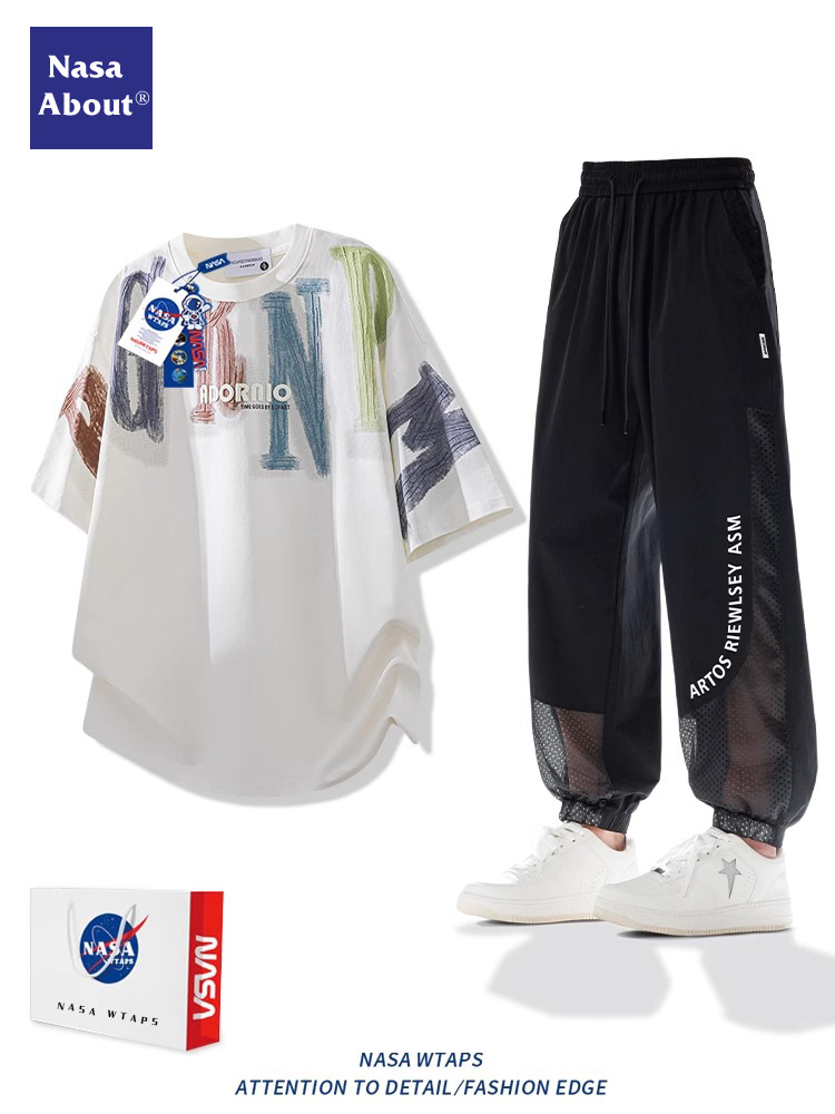Nasa Ice Silk Sports Suit Men's Summer New Short-Sleeved T-Shirt Casual Letter Trend Matchinging Short T-Shirt Set