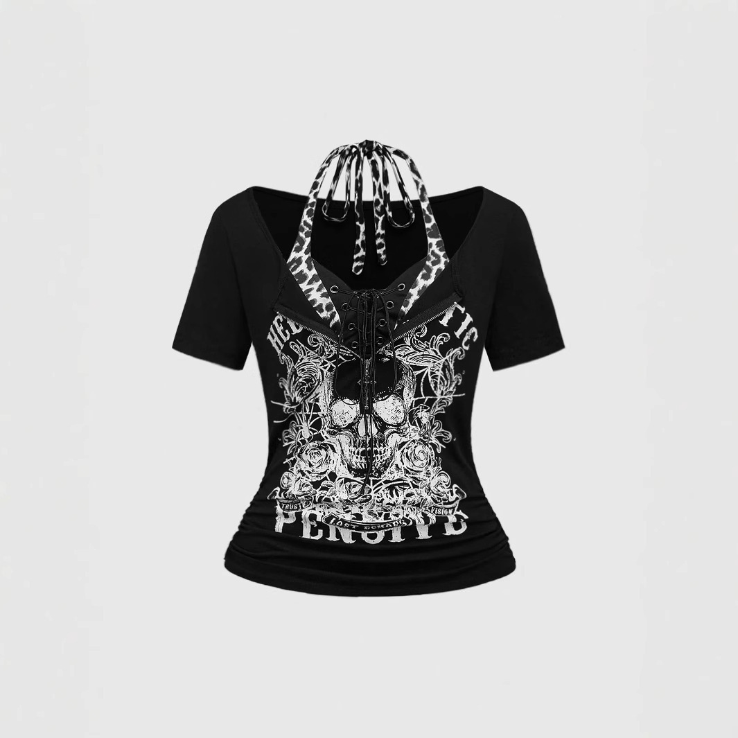 Cross-Border Female Subculture Retro Angel Skull Print Leopard Print Patchwork Sleeve Pure Desire Sexy Slim Fit Spicy Girl Top T-Shirt