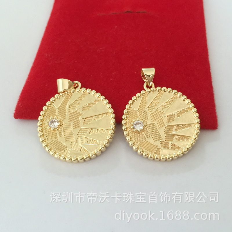 Copper plated 14k real gold inlaid zircon 23mm round brand pendant Sun coin gold coin pendant DIY gold plated material accessories