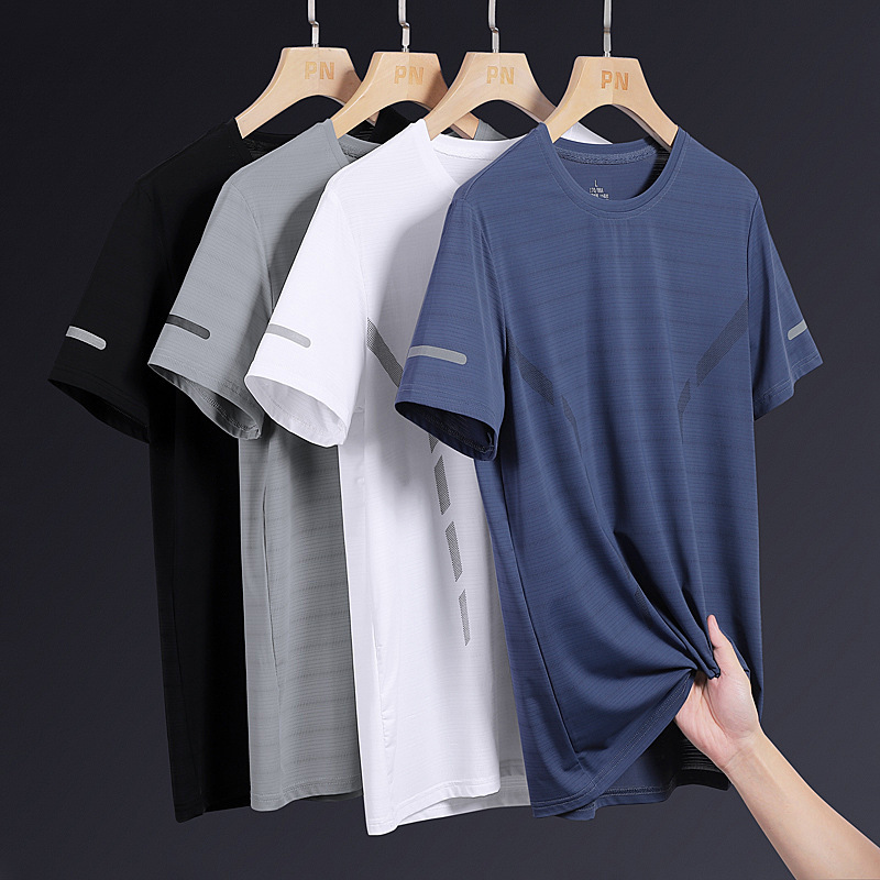 Ice Silk Short Sleeve Men's Summer Thin Quick-drying T-shirt Breathable Mesh Sports Men's Fitness Running Clothes Fashion