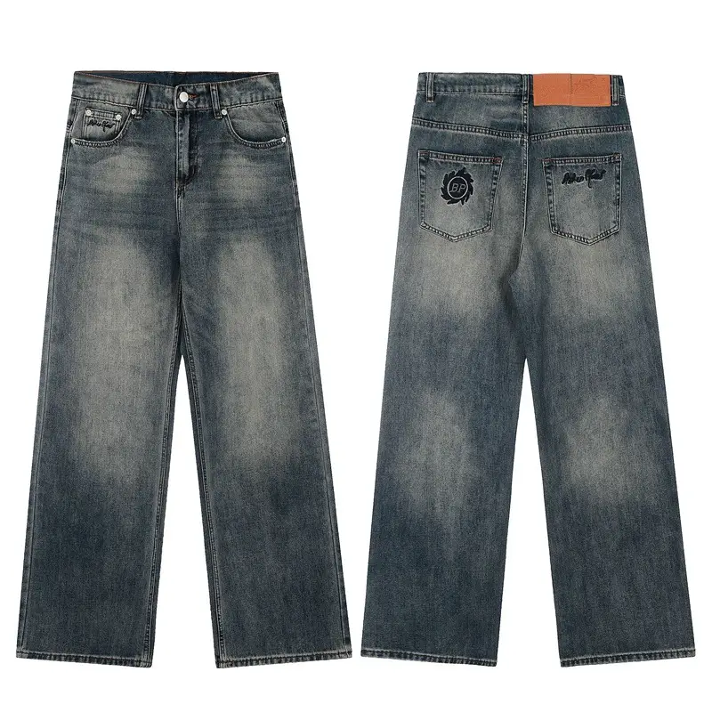 2025 Export New Style Destroy Planet Bp Embroidered Letters High Street American Men's and Women's Denim Straight Casual Pants