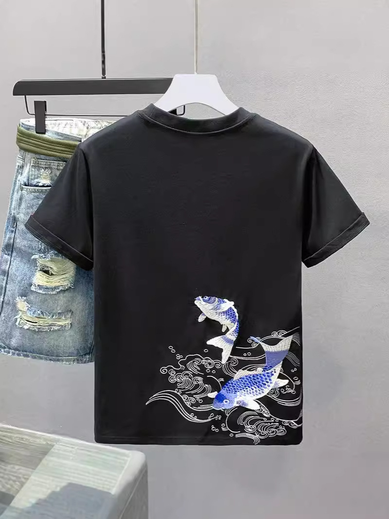 New Carp Embroidered Short-sleeved National Fashion Brand Loose Retro Couple Half-sleeved Casual High Street Crewneck Top T-shirt for Men