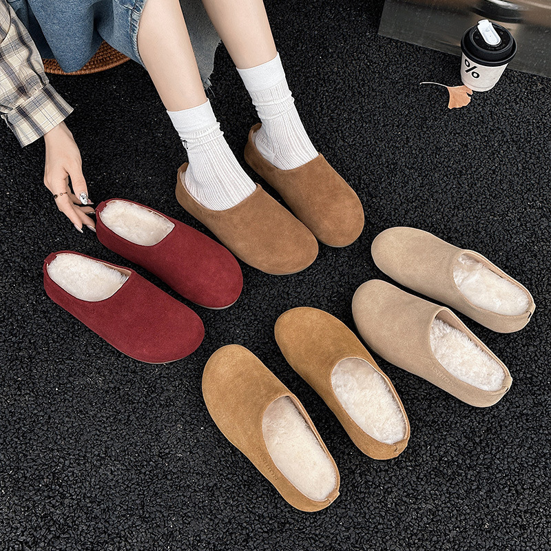 Wool Version Vintage Genuine Leather Birkenhair Shoes Women's Autumn and Winter Outer Wear Thick Sole Lamb Wool Slippers plush shoes cotton shoes