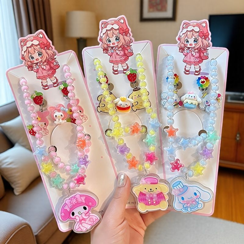 Children's Jewelry Cartoon Luminous Necklace Cute Princess Kulomi Beaded Bracelet Ring Ear Clip Jewelry suit