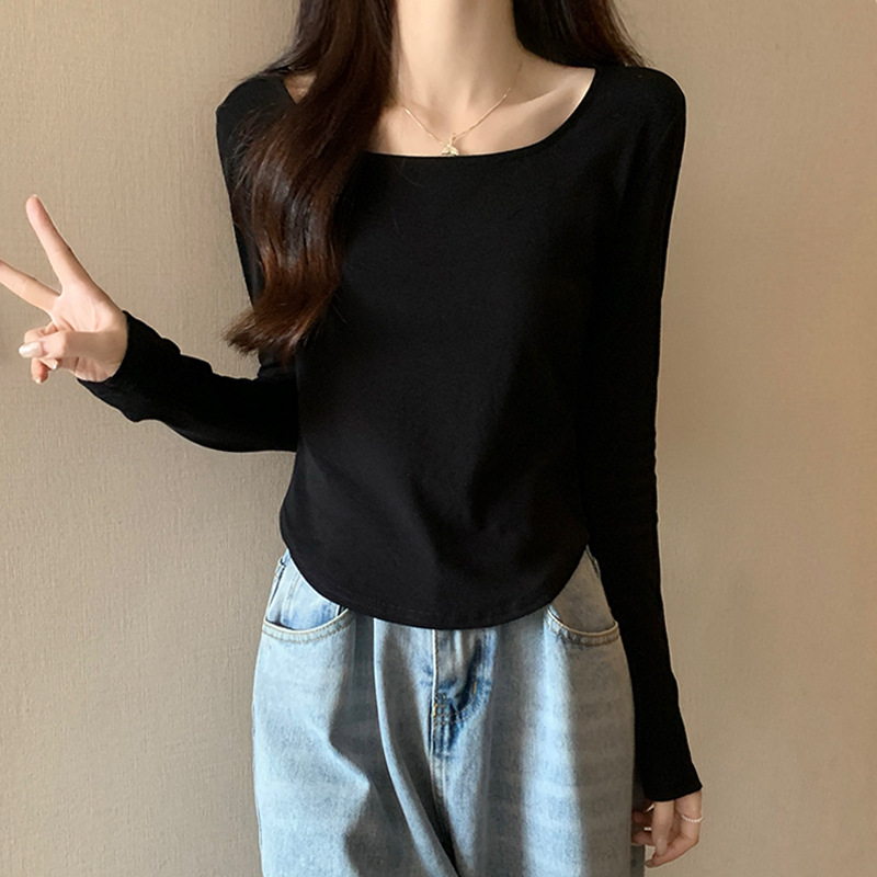 Square Collarbone Long-Sleeved T-Shirt Women's Spring and Autumn Irregular Large U-Neck Curved Hem Slim-Fit Inner Base Shirt Top Trendy
