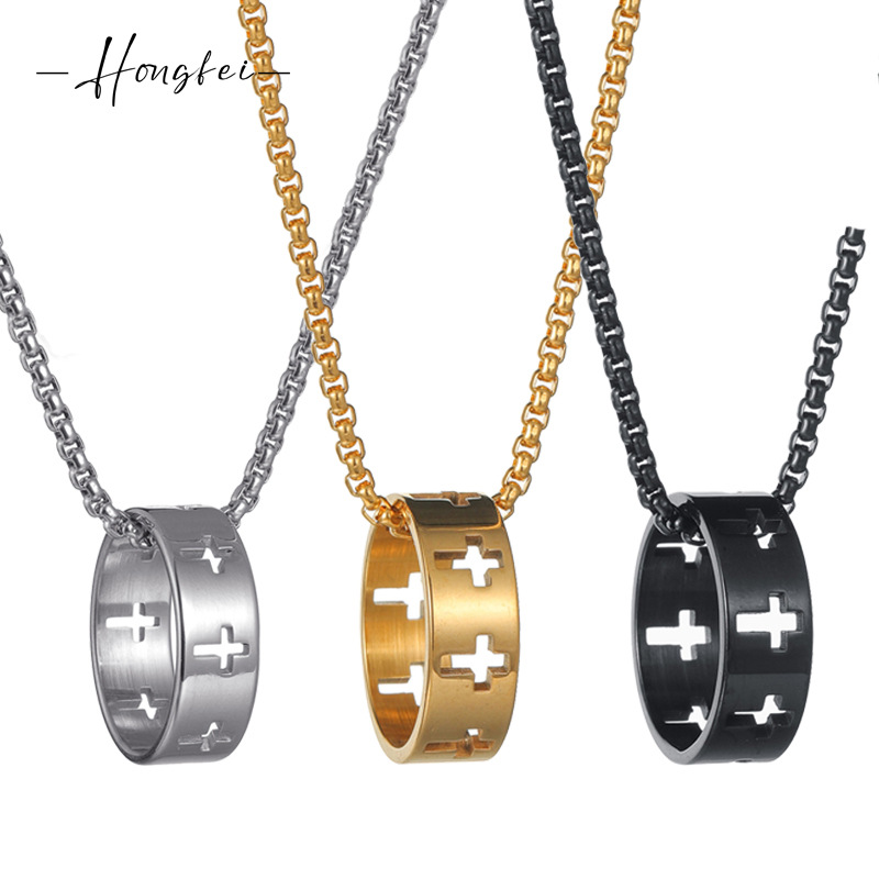temu Hityin Explosions Personality Creative Cross Stainless Steel Necklace Punk Square Pearl Chain in stock Wholesale