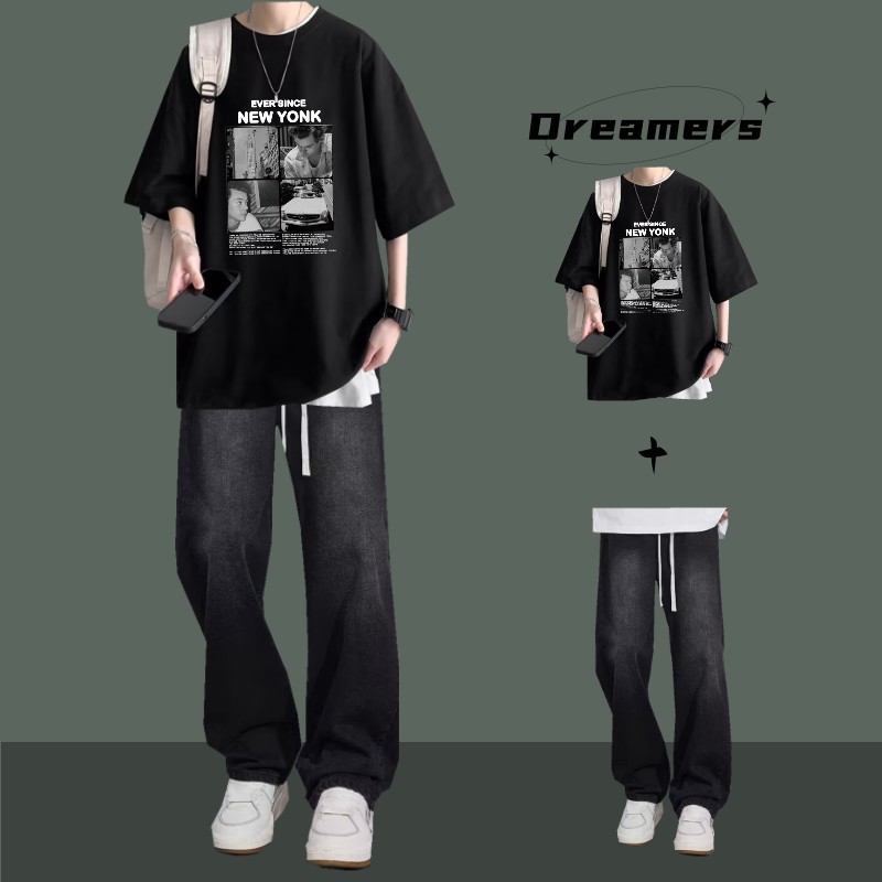 Summer short-sleeved T-shirt men's suit ruffian handsome T-shirt matching trendy jeans men's fashion clothes two-piece set