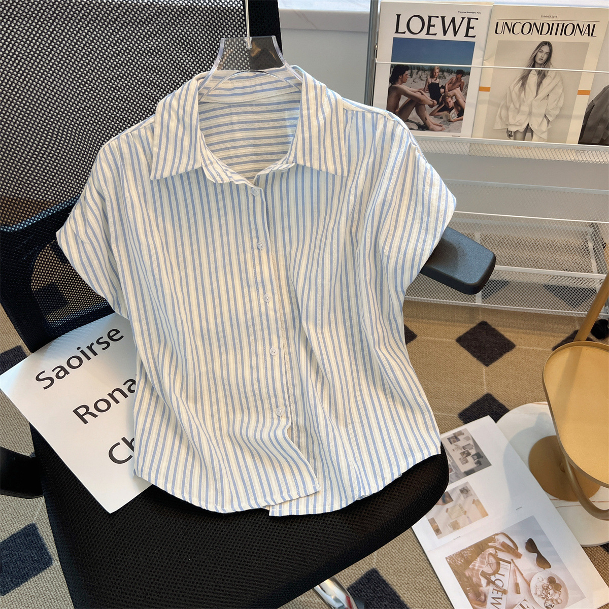 Korean polo Collar Stripesd Shirt Women's Thin 2024 Summer New Style Comfortable Casual Versatile Waistcoat Lining Top Trendy