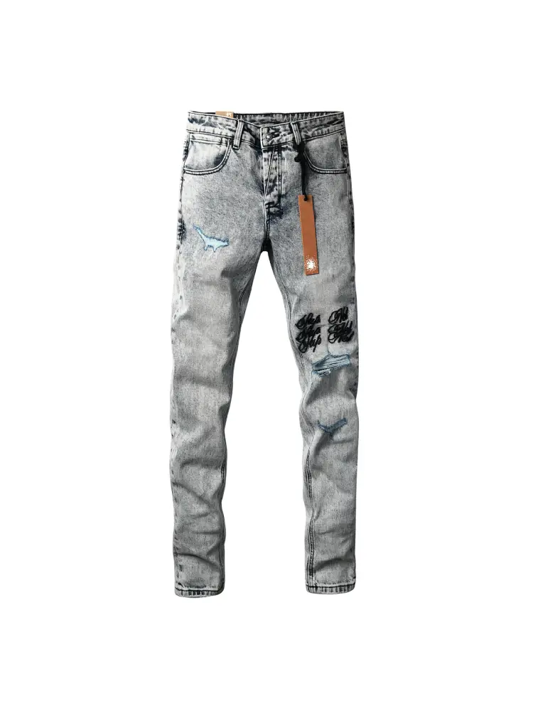 Kus Jeans American High Street Basic Ripped Distressed Slim Fit Long Pants Tight High Street Skinny Men's Jeans