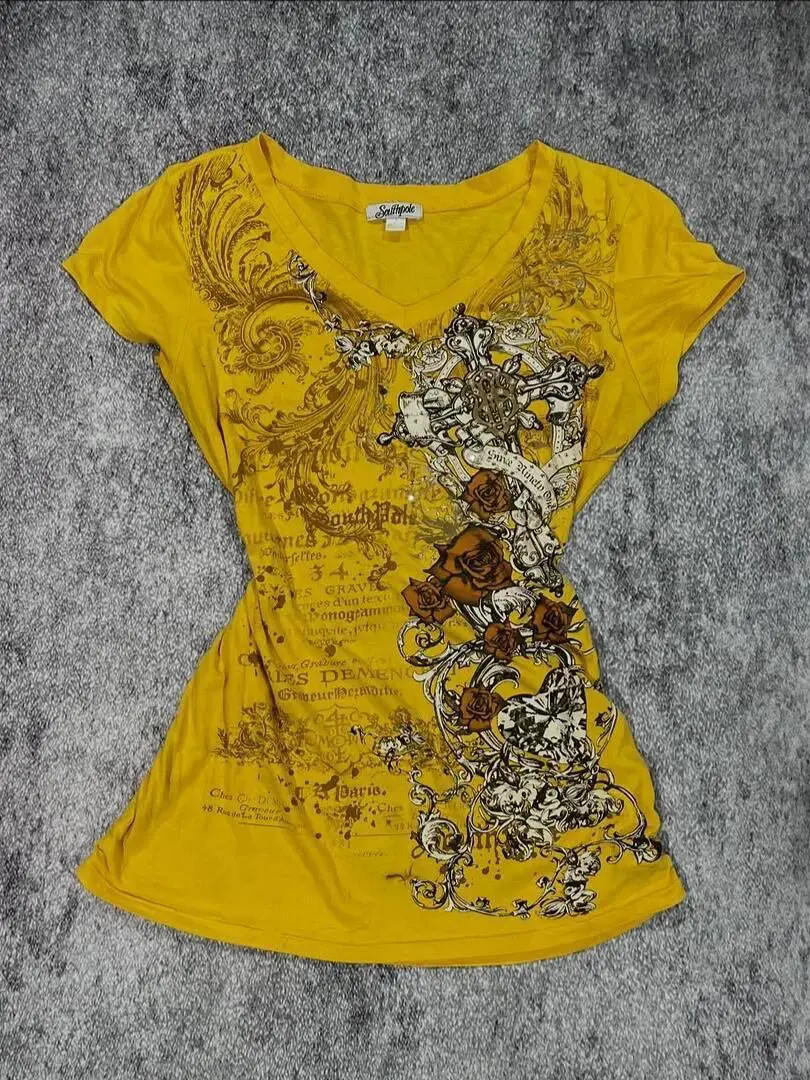 Subculture Y2K Millennial Hot Girl Yabi American V-Neck Baroque Pattern Rose Print T-Shirt Women's Short Sleeve Top