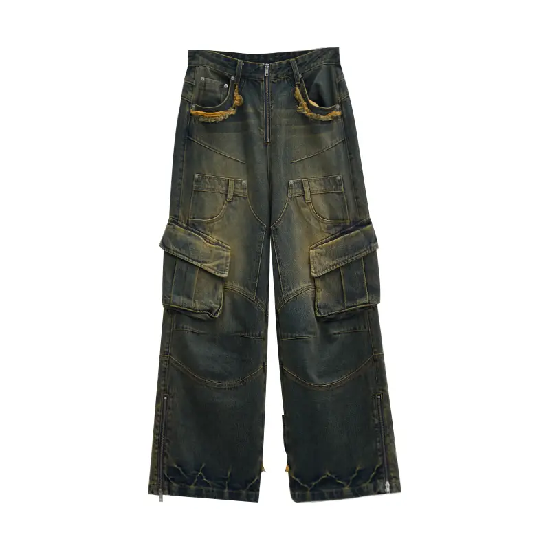 Personsoul * Bionic Structure Distressed Color Denim Heavy Industry Patchwork Shell Dirty Jeans