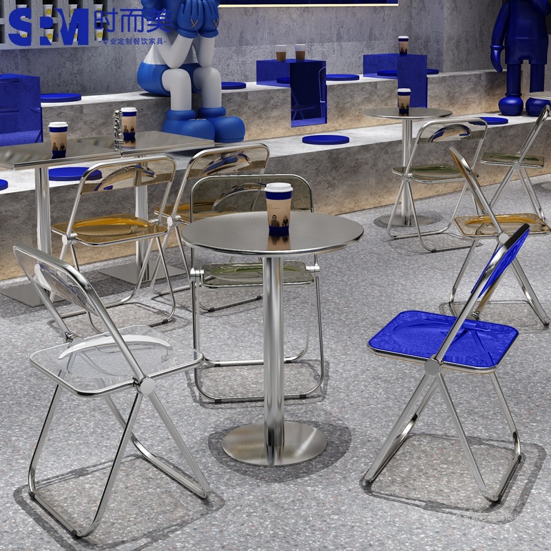 Industrial style coffee shop stainless steel transparent folding chair net red milk tea dessert shop baking cake shop table and chair dream source