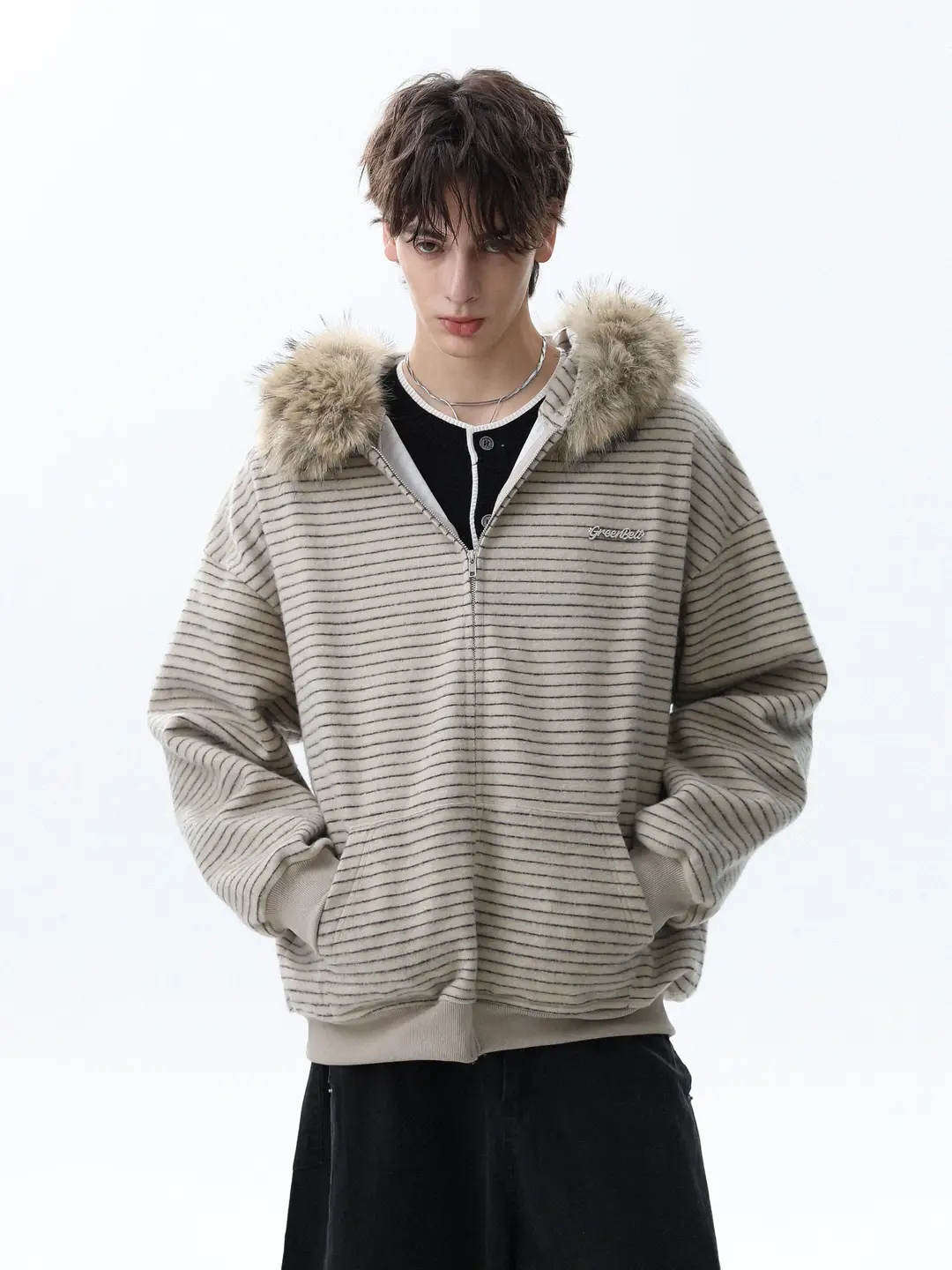 Mrnearly Autumn American Style Trendy Brand Striped Detachable Fur Collar Zipper Cardigan Hoodie Men's Couple Jacket