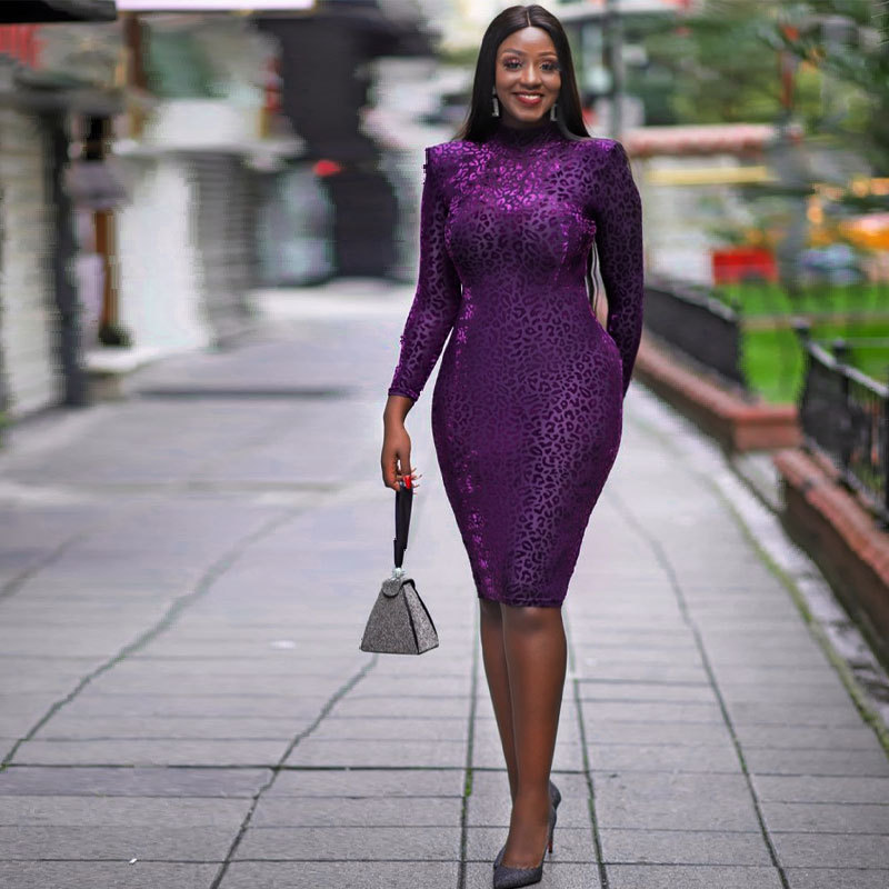 271 European and American Women's Dress Slim Fit 2021 New Autumn and Winter Elegant Dress Long Sleeve Purple Casual Clothes