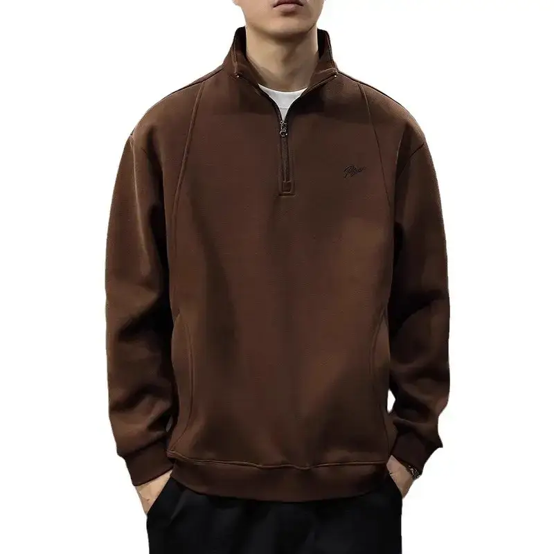 Autumn and Winter Heavy Sanding Embroidered Men's Sweater American Retro Half Zipper Collar POLO Shirt Loose Pullover Jacket